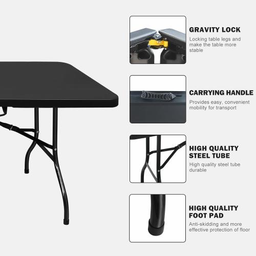 Portable Plastic Folding Table 4ft/6ft/8ft Heavy Duty White Black Picnic Dining Table Fold-in-Half for Camp Party Kitchen Indoor Outdoor