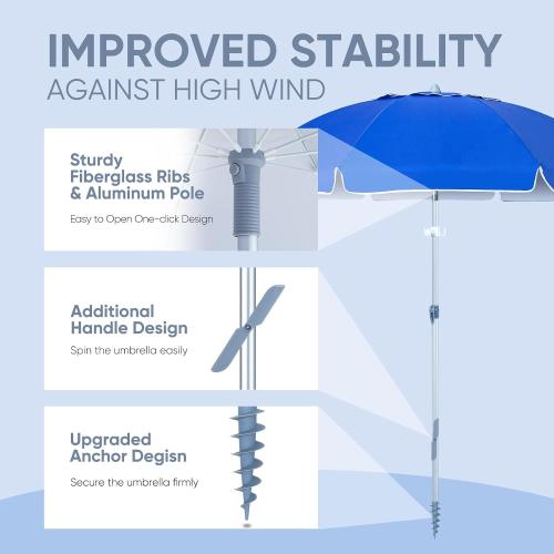 Tempera Heavy Duty High Wind Beach Umbrella with Sand Anchor & Carry Bag|Patio Outdoor Umbrella with Aluminum Frame and Push Button Tilt, Ideal for Travel Garden Lawn, UPF 60 ,Blue