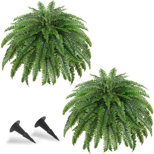 2 Pcs 50 Artificial Ferns for Outdoors with 96 Fronds & Ground Spike | Large Fake Ferns Artificial Boston Ferns Artificial Plants Large Faux Plants for Porch Garden Home Office Decor