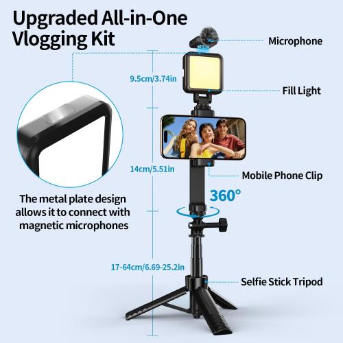 yAyusi Vlogging Kit for iPhone/Android，31 Selfie Stick Tripod with Light, Microphone, Remote Control ＆ Storage Boxes, YouTube Starter Kit for Interviews, Vlogs, TikTok, YouTube Video Recording