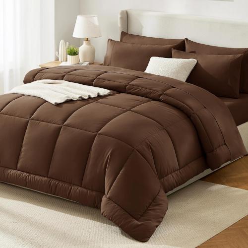 Queen Comforter Set Brown, 7 Pieces Bed in a Bag