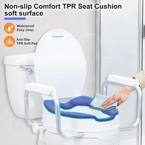 5‘’ Raised Toilet Seat with Handles, Fit Round Toilet | Add 5 inch|With Cushioned|300 lbs|Includes lid|Adjustable Width|Blue color|for bathroom use