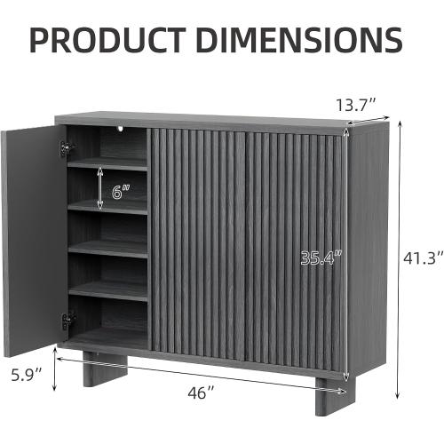 Garvee 46 Inch Shoe Cabinet with Fluted Door, 5-Tier Storage with 4 Adjustable Shelves, Rustic Entryway Shoe Bench for Hallway, Gray