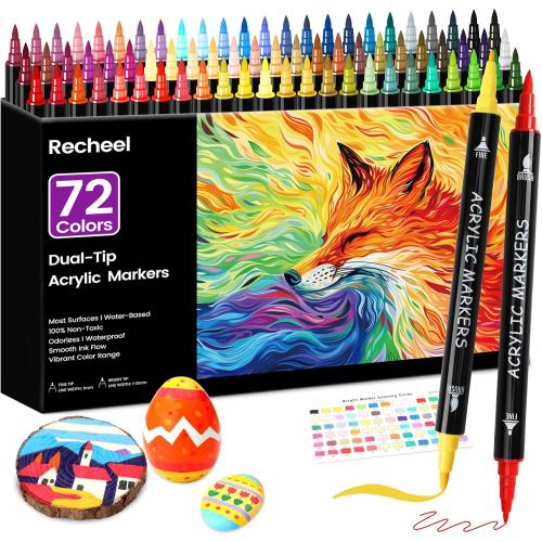 Recheel Acrylic Paint Markers, 72 Colors Dual Tip Fine & Brush Pens for Art