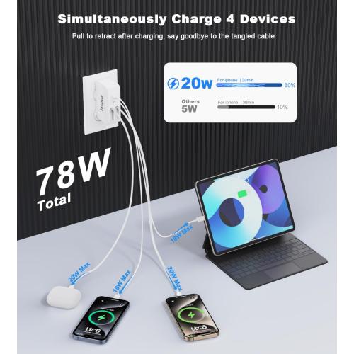 4 in 1 Retractable USB C Charger,40W Retractable Phone Charger Wall Plug