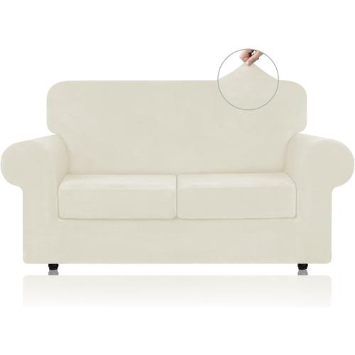WEERRW Velvet Couch Covers for 2 Cushion Couch Sofa - High Stretch Luxury Velvet Plush 3 Pieces Sofa Slipcovers with Elastic Bottom, Furniture Protector for Pets, Machine Washable, Ivory, Medium