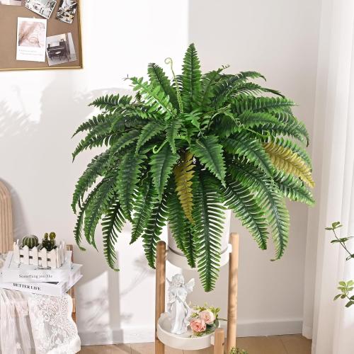 2PCS 45in Fake Ferns- Large Artificial Plants Outdoor, UV Resistant Artificial Ferns for Outdoors, 60 Branches Faux Boston Fern Realistic Weatherproof Fake Plants for Porch Home Patio Hanging Decor
