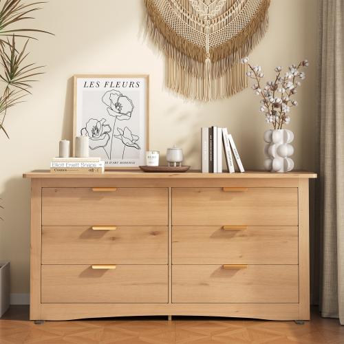 Sweetcrispy Natural Wood 6-Drawer 59-in W Wood Chest of Dresser Storage Cabinet