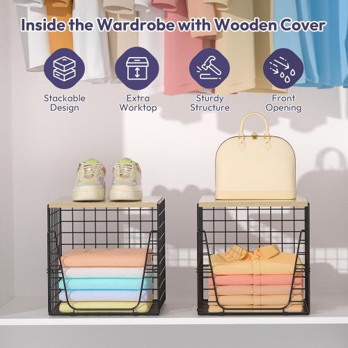 SWTYMIKI 2PCS Closet Organizers and Storage - Stackable Closet Basket with Wood Top Shelf, Clothes Storage Shelves, Clothes Drawer Bins for Wardrobe, Bedroom, Entryway, Black