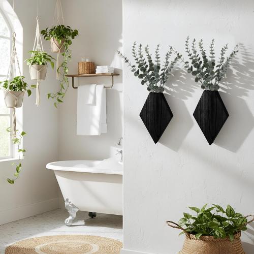 Chunful 2 Pcs Wooden Wall Planter Decor,Black,9.8 x 6.6 x 1.2 Inches