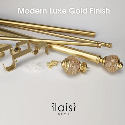 Double Curtain Rod Set:1-1/8 Inch Diameter Luxury Gold Curtain Rods, 72-144 Inches Adjustable Drapery Rod with Clear Gold Foiled Finials for 1 Pack