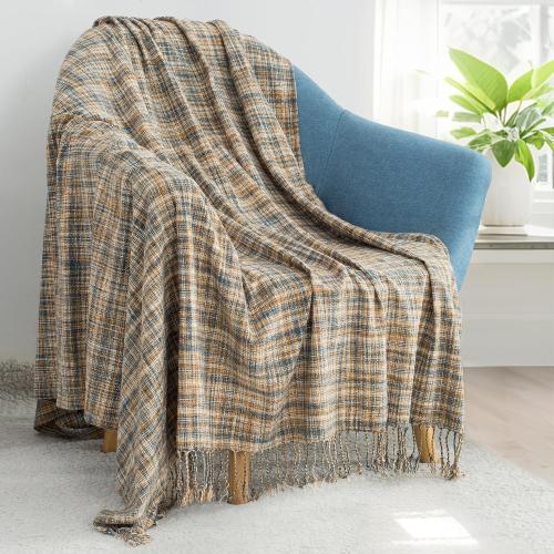 Chenille Throw Blanket for Couch with Tassels,60X80 Soft Lightweight Knitted Boho Decorative Blankets for Bed and Sofa,Blue and Yellow
