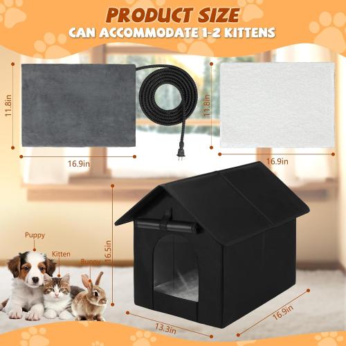Heated Outdoor Cat House Double Door Heater Cats Shelter, Weatherproof Foldable Heat Kitty House with Kitten Heating Pad Bed for Feral Barn Cat Puppy Outside Pets in Winter