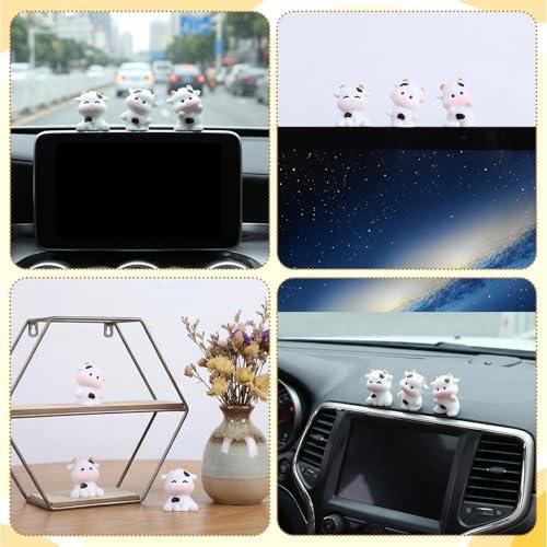 Ouligay 6 PCS Mini Cows Car Dashboard Decorations Cow Print Car Accessories Cute Funny Rear View Mirror Decoration Mini Cows Figurines Cars Interior Decor for Women Men