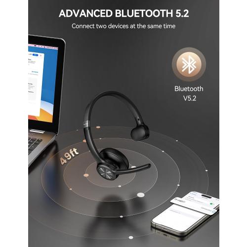 TECKNET Trucker Bluetooth Headset, Wireless Headset with Mic for Work, V5.2 Bluetooth Headphones with AI Noise Cancelling Microphone, 60H Battery, On-Ear Headphones for Call Center, Office, Drivers