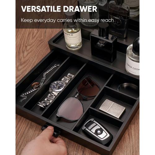 Cologne Organizer for Men, 3 Tier Wooden Cologne Stand with Drawer Storage and Hidden Compartment, Perfume Display Holder for Dresser, Great Gifts for Men and Women Valentine, Black