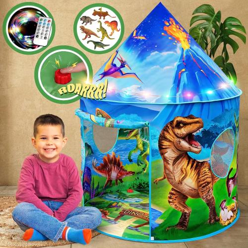 W&O Dino Paradise Play Tent with Roar Button, Dinosaur Toys and LED Lights - Epic Pop Up Tent for Boys & Girls - Perfect for Indoor & Outdoor Adventures