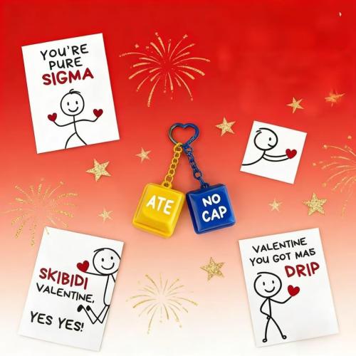 Valentine's Day School Cards for Kids - 24 Slang Cards with 8 Keyboard Keychains - Perfect for Valentine's Day Class Exchange Gifts for Boys, Girls, and Teenagers