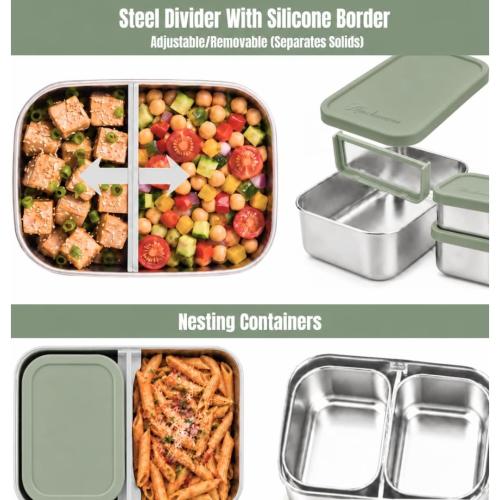 Modaniam Flexibento Leak Proof 40 OZ Stainless Steel Lunch Box, Silicone Lids, Sage Set of 3