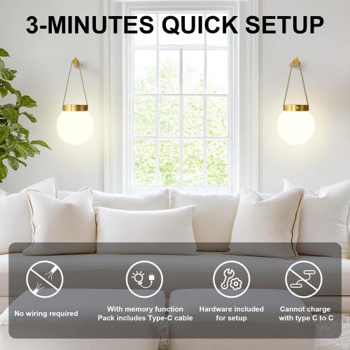 Battery Operated Wall Sconces Set of 2, Gold Wall Lamps for Bedroom with Remote Control Warm/Natural/Daylight/RGB 15 Colors Dimmable Rechargeable Wireless Globe Wall Lights Retro Living Room Hallway