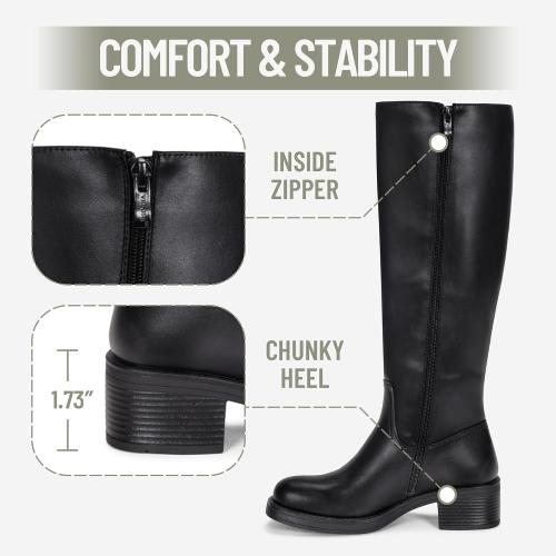 Size 8 Vepose Women's Square Toe Knee High Chunky Heel Tall Boots Side Zipper
