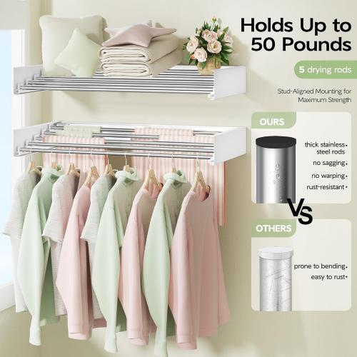 Vikaqi Wall Mounted Clothes Drying Rack 32, Foldable Wall Laundry Rack | Collapsible Drying Rack Clothing Folding Indoor, Hidden Space Saver with Wall Template, 5 Rods, White