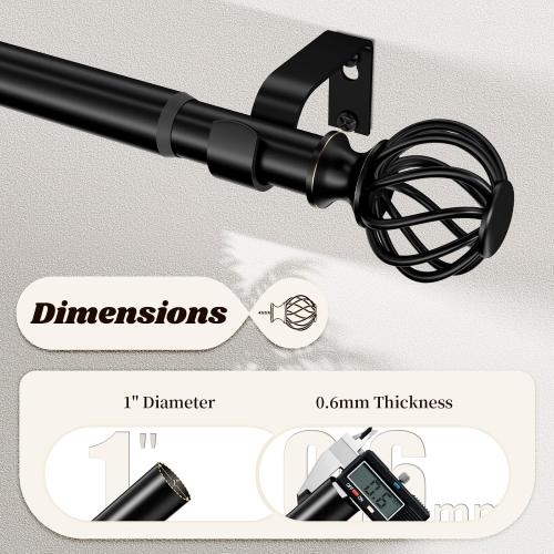 Curtain Rods for Windows 48-90 Inch(4-7.5Ft), Matte Black Decorative Curtain Rod Adjustable, Heavy Duty 1 Inch Drapery Rod for Living Room Bedroom Kitchen