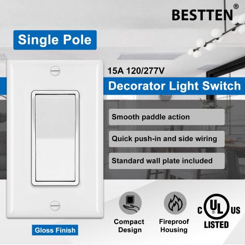 BESTTEN 10 Pack Single Pole Decorator Light Switch with Wallplate, 15A 120/277V, Rocker Paddle Wall Switch, On/Off Interrupter for LED and Other Lamps