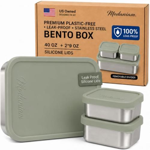 Modaniam Flexibento Leak Proof 40 OZ Stainless Steel Lunch Box, Silicone Lids, Sage Set of 3