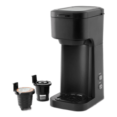 Mainstays Black Matte Dual Brew Coffee Maker, Single Serve, Auto Shutoff, 14 oz Reservoir