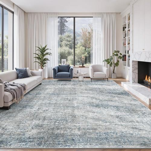 9x12 Washable Rug for Living Room - Abstract Large Rugs for Bedroom, Indoor Non-Slip Soft Carpet,Blue Gray