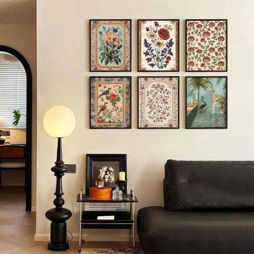 Indian Wall Art Vintage Floral Canvas Poster India Wall Decor Folk Flower Prints Scandinavian Pictures Antique Botanical Painting Gallery Artwork for Bedroom Living Room 8x10 Inch Unframed Set of 6