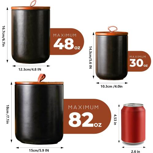 JOJUNO Black Ceramic Canister 3 Piece with Airtight Bamboo Lid