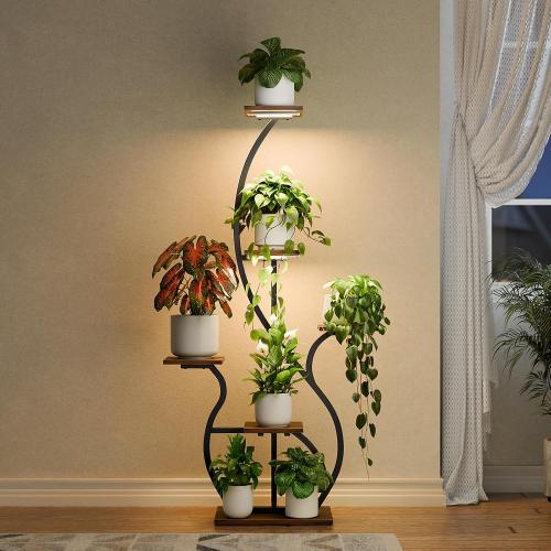 BACEKOLL Plant Stand with Grow Lights 6 Tier 55 S-Shaped Plant Shelf Black