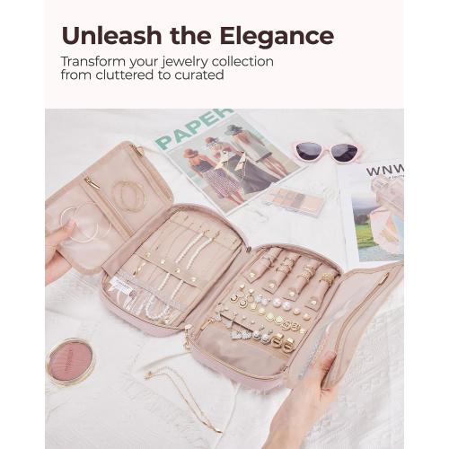 BAGSMART Jewelry Organizer Case Large Travel Jewelry Storage Bag for Necklace, Earrings, Rings, Bracelet, Soft Pink