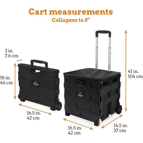 Inspired Living Collapsible Ultra-Slim Pack-N-Roll,2 Wheel Utility Cart w/Lid used as Seat up to 250 Lbs, Telescopic Handle - Super Strong, for Home, Garden, Shopping, Office, School use, Large, Black
