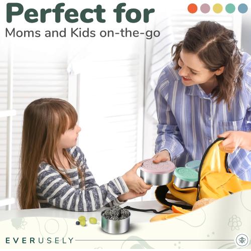 Everusely - Stainless Steel Containers with Lids - Set of 5, Bright Collection - Leakproof Stainless Steel Food Containers - Nesting Snack Holders - Metal Lunch Box - Portable & Reusable Meal Kit