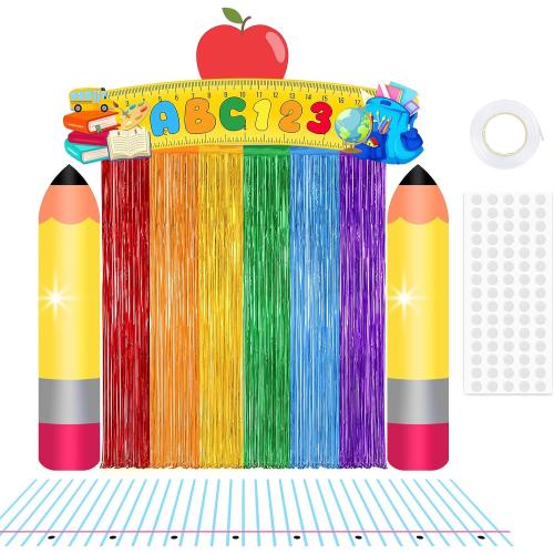 6 Pcs Back to School Door Porch Banner with Rainbow Foil Fringe Curtain First Day of School Classroom Decor ABC Pencil Photo Booth Backdrop Kindergarten Preschool Welcome Back to School Party Supplies