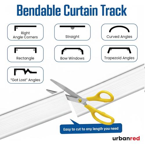 UrbanRed Flexible Ceiling Curtain Track, 5 m (16.4 ft) Rail Kit, White | Flexible curtain ceiling track bends for smooth sliding, making it ideal for room dividers, RVs and bay windows.