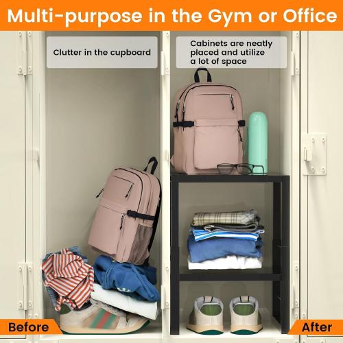 LIDTOP Locker Organizer Shelf School, Adjustable Width and Height, Stackable Metal Locker Storage Organization, Ideal Locker Fits Standard Size School, Office, and Gym Lockers, Black