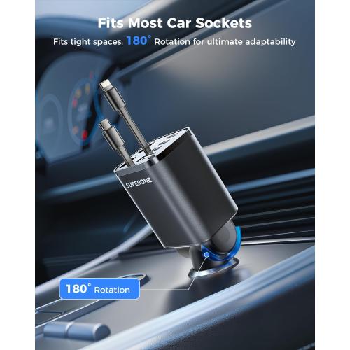 Retractable Car Charger, SUPERONE 99W Car Phone Charger with Dual Cables