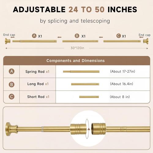 BRIOFOX Gold Tension Curtain Rod 24 to 50 Inch(2-4.1ft) - Spring Tension Shower Curtain Rod, No Drilling Brass Gold Tension Rod for Curtains Windows Closet Kitchen