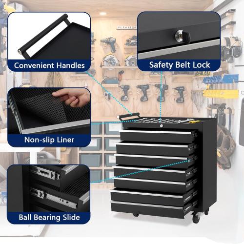 BLACK AND RED GarveeLife 24-Inch Rolling Tool Chest, 7-Drawer Mobile Tool Cabinet with Locking System, Heavy-Duty Rolling Tool Storage for Garage, Workshop, and Home DIY Projects