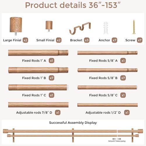 Wood Double Curtain Rod 36-153 Inch, Boho Decorative Dual Rod