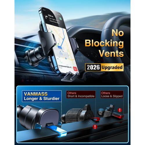 [True Military-Grade] Car Phone Holder VANMASS [Upgraded Strongest Suction&Clip] Cell Phone Mount for Dashboard Windshield Vent Kit, Truck Cradle Stand for iPhone 18 Pro Max 17 16 15 Android,Ink Black