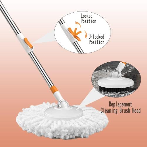 61 Spin Mop and Bucket Set,Wringer System for Cleaning,with 5 Refill Heads | Hands-Free Wringing with1 Brush,Stainless Steel Handle,Suitable for Tile Hardwood Laminate Floors,Easy Dirt Removal