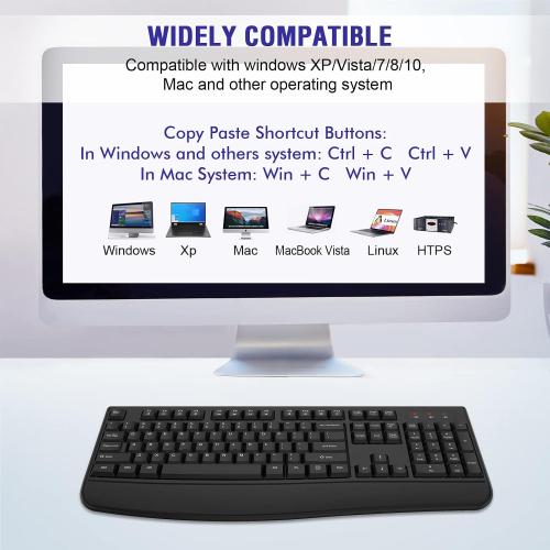 QUASIO Wireless Keyboard, 2.4G Full-Sized Ergonomic Wireless Computer Keyboard with Wrist Rest for Windows, Mac OS Laptop/PC/Desktop/Notebook(Black)