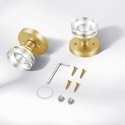 2 Pack Gold Glass Dummy Door Knob Satin Brass Crystal Dummy Door Knobs Interior, Round Modern Door Knob Brushed Gold Dummy Door Handle Interior for Hall Pantry Closet Door Knobs