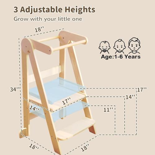 Foldable Toddler Tower Kitchen Step Stool, Folding Tower for Learning with 3 Adjustable Heights, Montessori Toddler Standing Tower Collapsible Step Stool for Kids 1.5-6y Natural