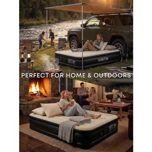 Queen Air Mattress with Built-in Pump, 16 Elevated Inflatable Bed for Home & Guests, Self-Inflating Blow Up Mattress with Flocked Top & Storage Bag, 660lb Max Weight, Matt Black